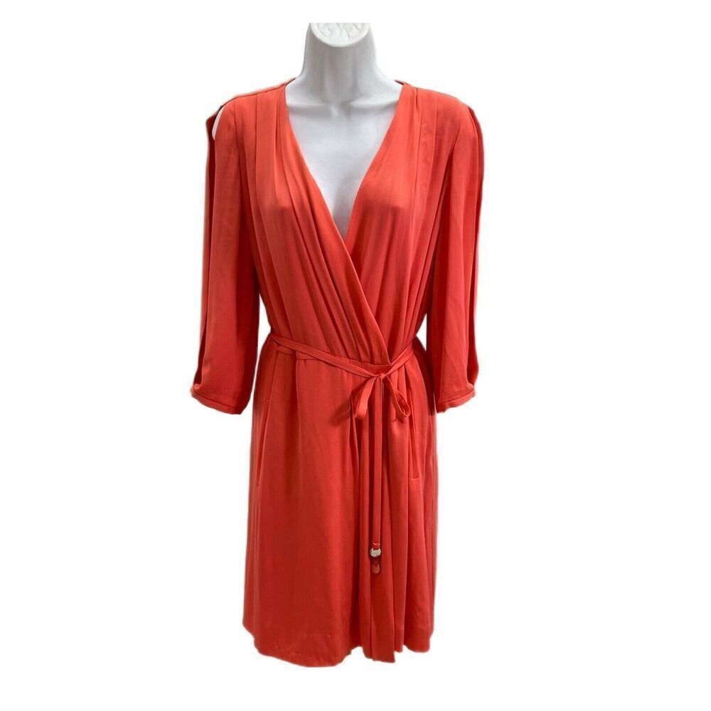 DIANE VON FURSTENBERG Womens Wrap Dress Size 4 Orange Silk Stretch 3/4 Sleeves